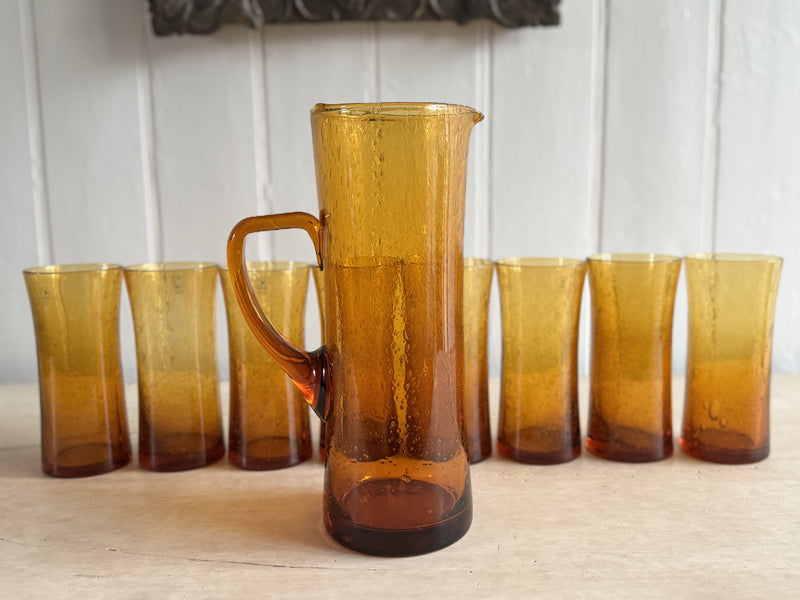 A 1970's French Set of Orange Bubble Glass Tumblers & Jug