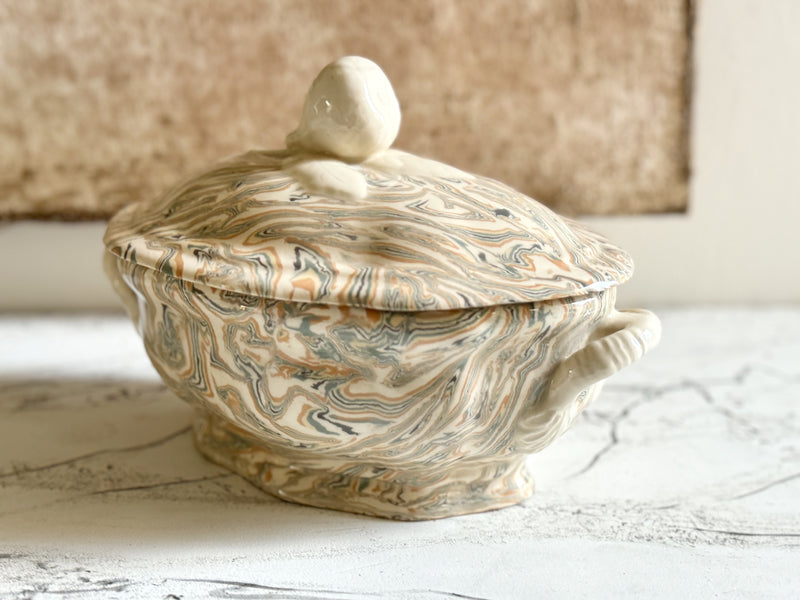 Vintage Pichon d'Uzes Marbled Ceramic Lidded Serving Dish