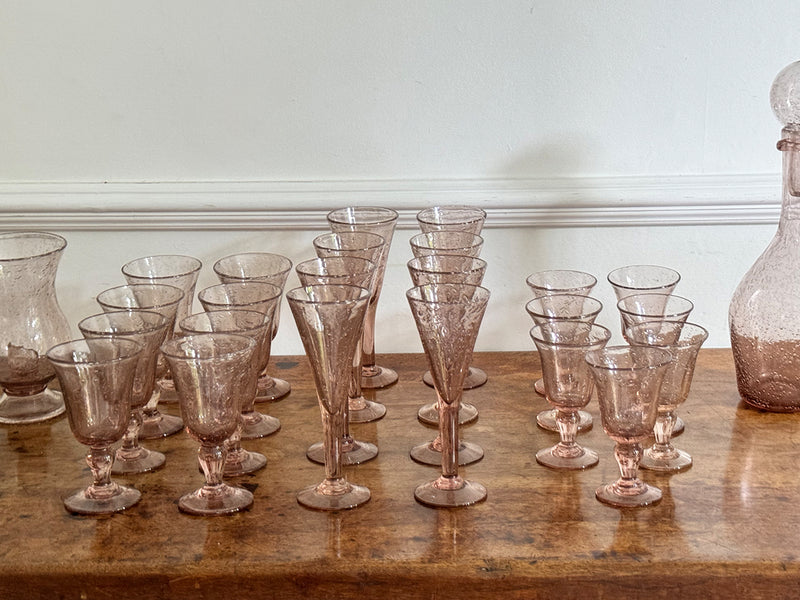 A Set of Signed 1960's Biot Pale Pink Wine & Champage Glasses & Decanter