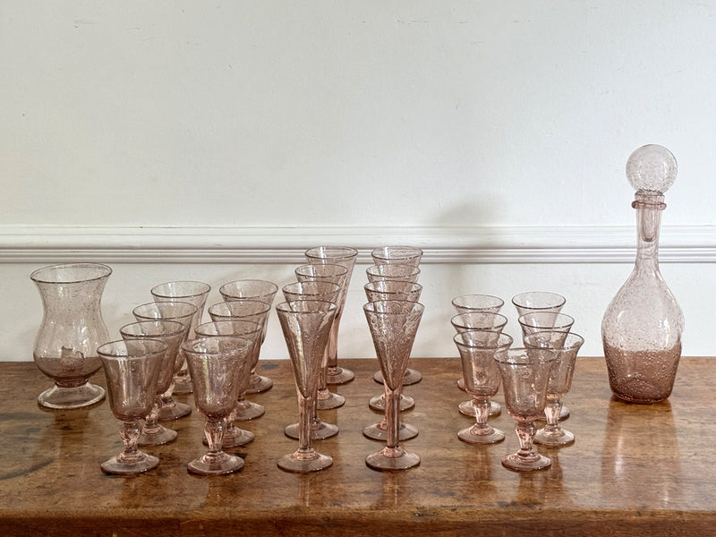 A Set of Signed 1960's Biot Pale Pink Wine & Champage Glasses & Decanter