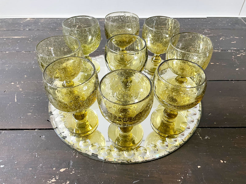 A Set of 9 Vintage Green Biot Wine Glasses