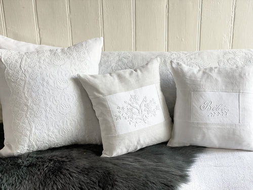 An Antique French White on White Embroidered 30cm Cushion