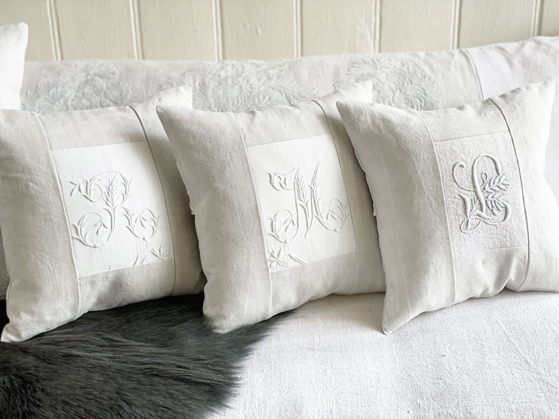 M - An Antique French White on White 'M' Monogrammed 30cm Cushion