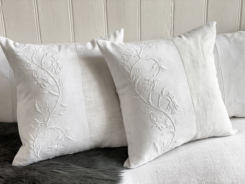 Two Antique French White on White Embroidery & Linen 40cm Cushions II