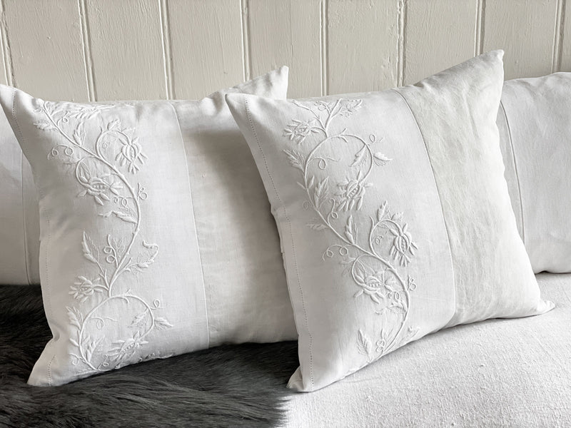 Two Antique French White on White Embroidery & Linen 40cm Cushions II