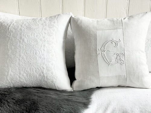 An Antique French White on White Embroidered 40cm Cushion I