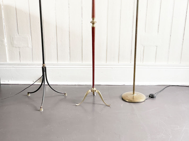 A 1950's French Black Metal Standing Lamp with Tripod BaseA 1950's French Black Metal Standing Lamp with Tripod Base