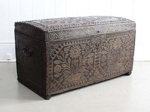 A Late 16th C Leather Bound Brass Studded Travelling Trunk