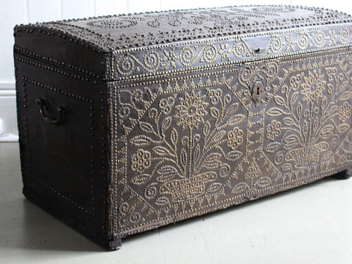 A Late 16th C Leather Bound Brass Studded Travelling Trunk