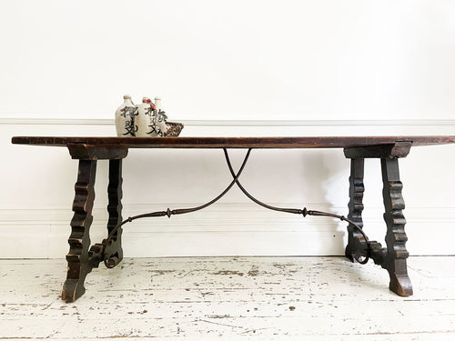 A Superb 17th C Spanish Single Plank Walnut Top Table with Metalwork Stretcher