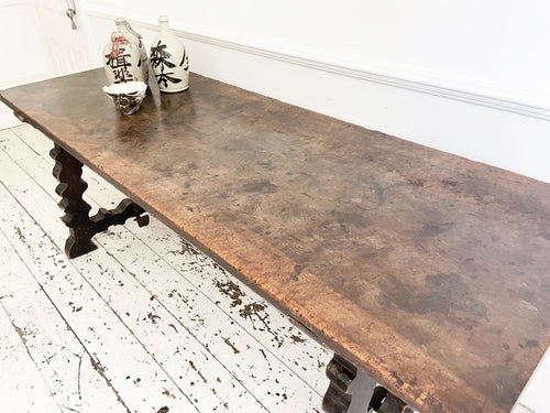 A Superb 17th C Spanish Single Plank Walnut Top Table with Metalwork Stretcher
