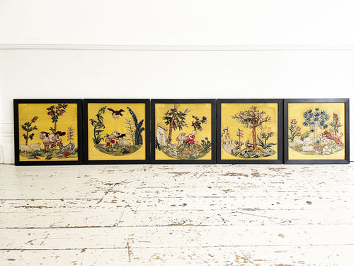 A Set of Five 18th C English Rare Embroidered Panels on Yellow Silk