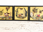 A Set of Five 18th C English Rare Embroidered Panels on Yellow Silk
