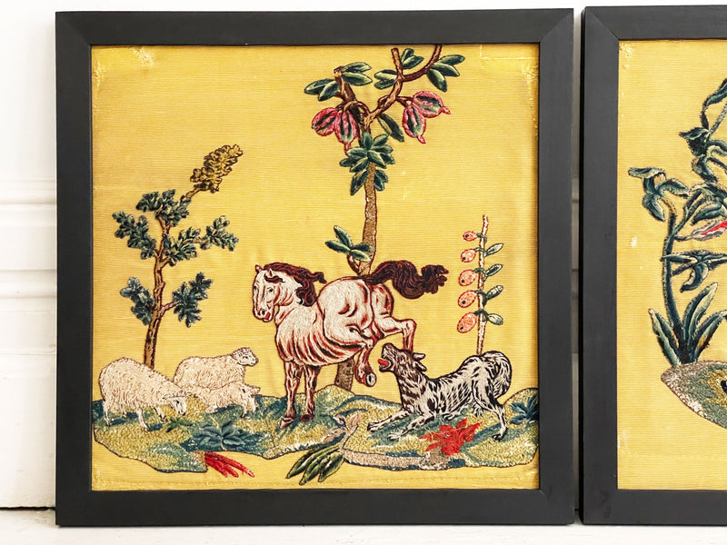 A Set of Five 18th C English Rare Embroidered Panels on Yellow Silk