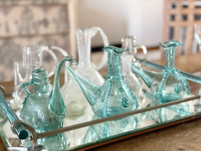 Exquisite Hand Blown 18th Century French Pair of Green Glass Oil Vessels