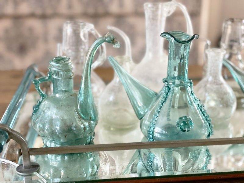 Exquisite Hand Blown 18th Century French Pair of Green Glass Oil Vessels