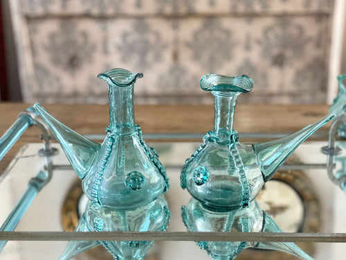 Exquisite Hand Blown 18th Century French Pair of Green Glass Oil Vessels