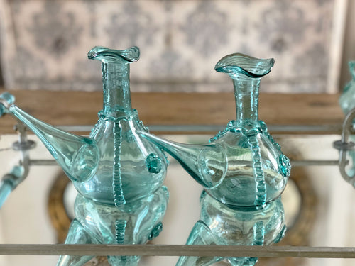 Exquisite Hand Blown 18th Century French Pair of Green Glass Oil Vessels