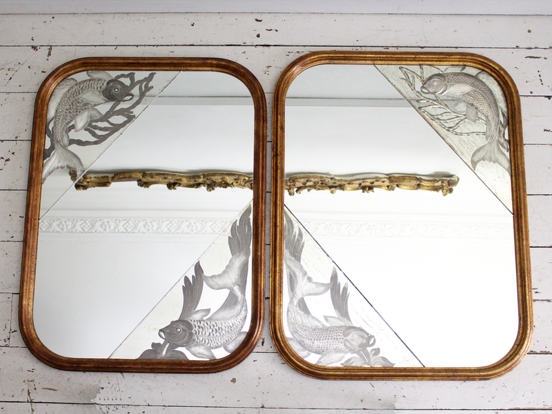 A Pair of 1920's Italian Mirrors with Etched Fish & Gilt Frames