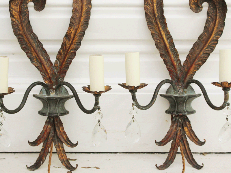 A Pair of 1930's Gilt Metal French Sconces in Plume Design