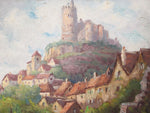 1930's French Oil on Board Village on a Hill Painting