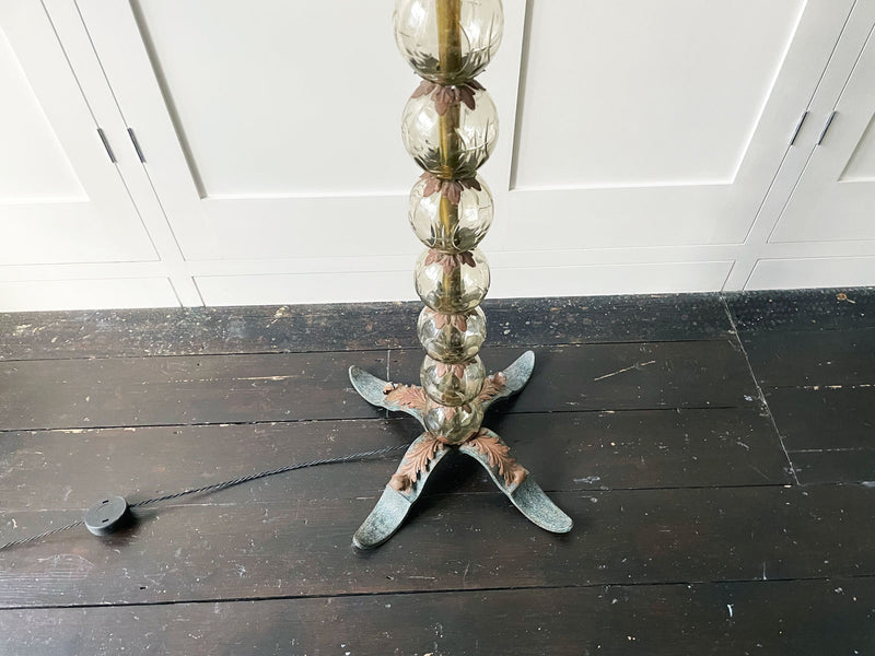 A 1950's Belgian Etched Glass Floor Light with Verdigris Tripod Base & Original Shade