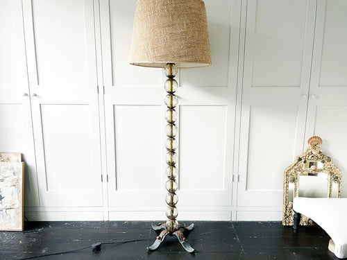 A 1950's Belgian Etched Glass Floor Light with Verdigris Tripod Base & Original Shade