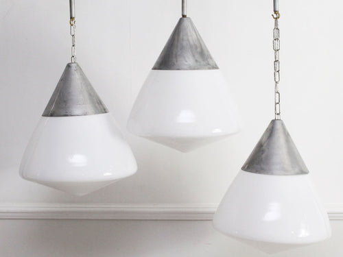Four Large 1950's French Opaline & Aluminium Pendant Lights
