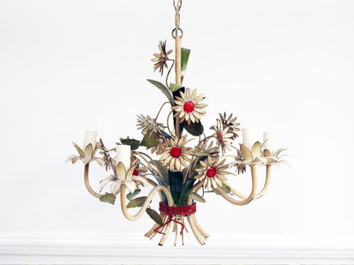 Charming 1950's French Painted Toleware Daisy Flower Chandelier