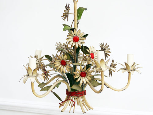 Charming 1950's French Painted Toleware Daisy Flower Chandelier