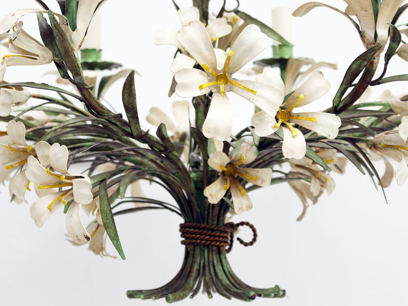 A Lovely 1950's French Painted Toleware Lily Bouquet Chandelier