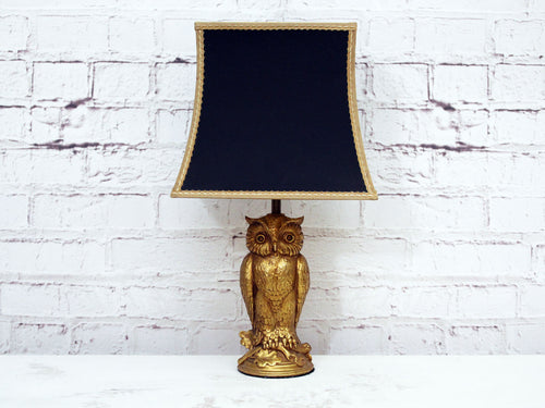 A French 1960's Gold Owl Table Light with Original Gold Lined Black Shade