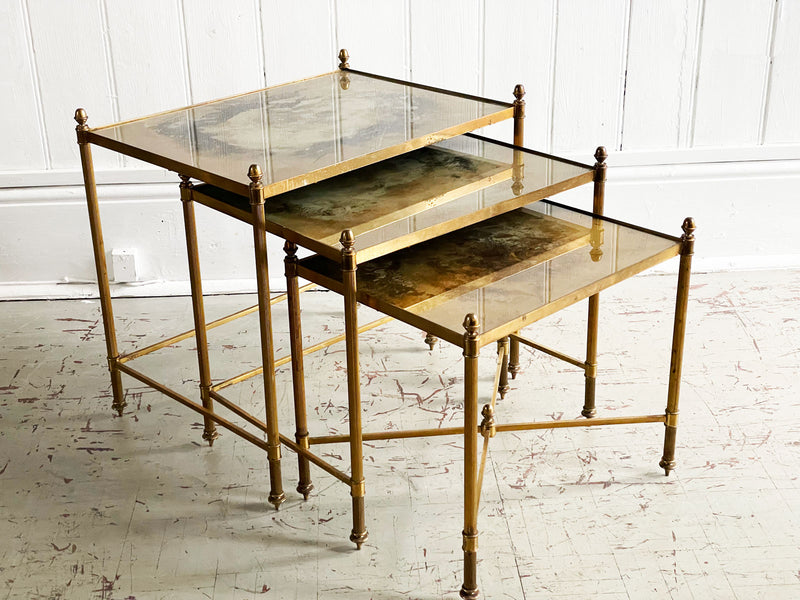 A Set of 1950's French Gold Eglomisé Glass & Brass Side Tables - Vintage Furniture London- Streett Marburg