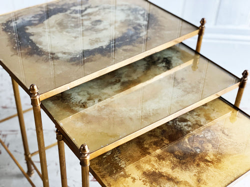 A Set of 1950's French Gold Eglomisé Glass & Brass Side Tables - Vintage Furniture London- Streett Marburg