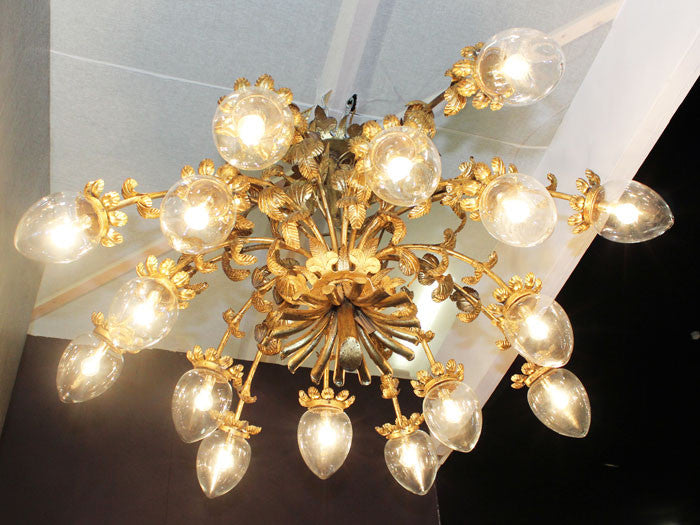 1950's magnificent, French 16 arm gold toleware chandelier