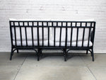 1970's Black Painted Bamboo Sofa by Ficks & Reed with Antique White Linen Cushions
