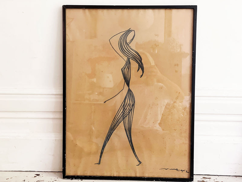 A 1960's French Profile Drawing of a Lady Walking