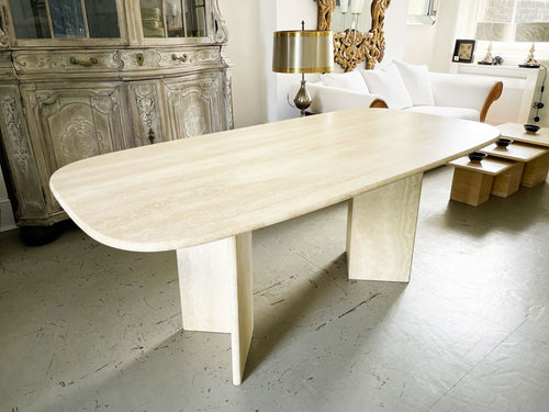A 1970's French Travertine Dining Table with Adjustable Pedestals
