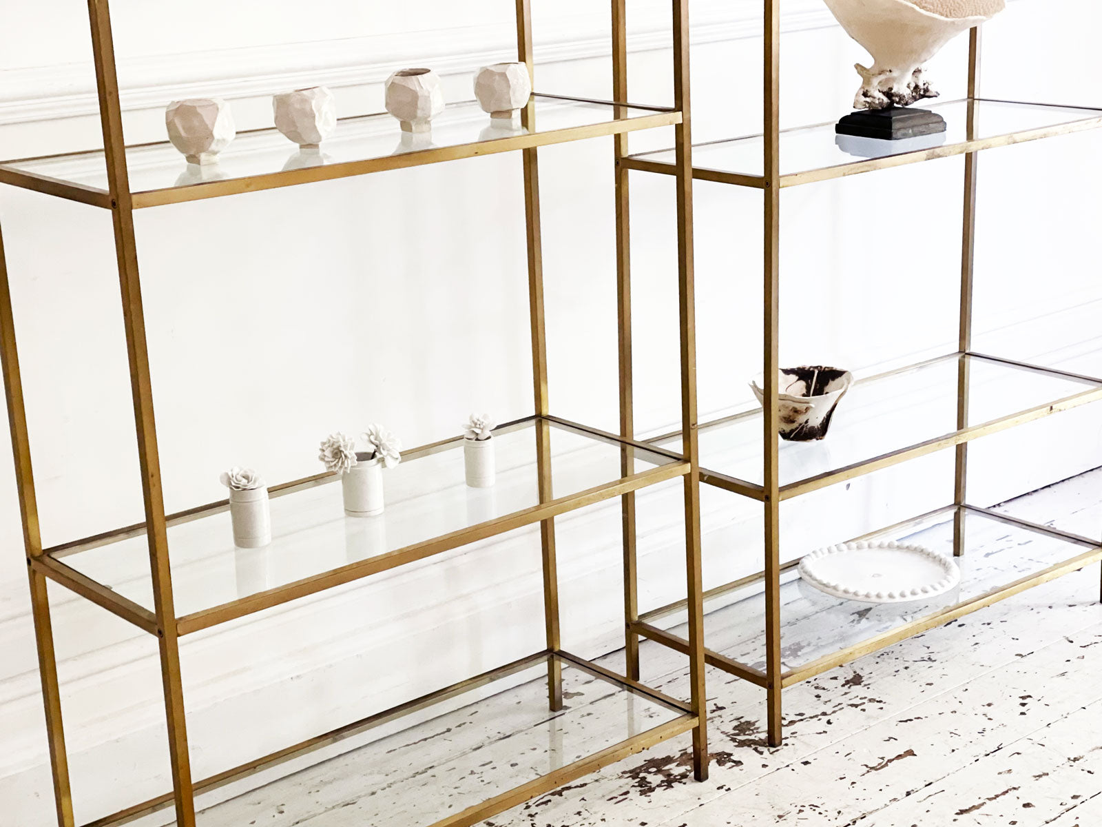 Brass etagere glass shelves deals