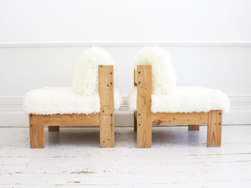 A Cool Pair of French 1970's Pine Lounger Chairs with Sheepskin Upholstery