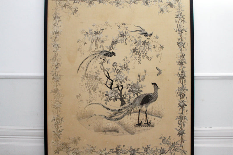 An Exceptionally Large Antique Monochrome Chinese Hand Embroidery in Black Frame