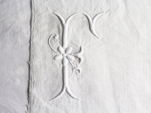 30cm Square Cushion - Antique French Embroidered F on Linen P3038