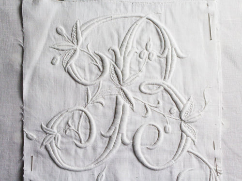 B Monogram 40cm Square Cushion - Antique French Embroidery on Linen P4014