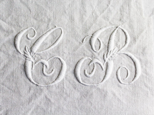 CB 40cm Square Cushion - Antique French CB Monogram on Linen P4056