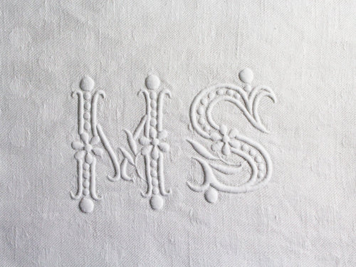 MS 40cm Square Cushion - Antique French MS Monogram on Linen P4060