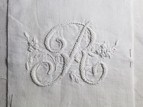 R 40cm Square Cushion - Antique French R Monogram on Linen P4015