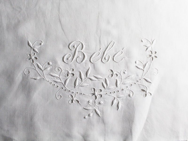 Bébé 50cm Square Cushion - Antique French Embroidered Bébé on Linen P506