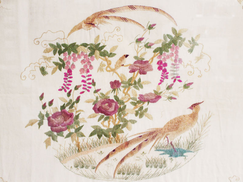 A 1920's Antique White Chinese Panel Embroidered In Pink Tones and Framed