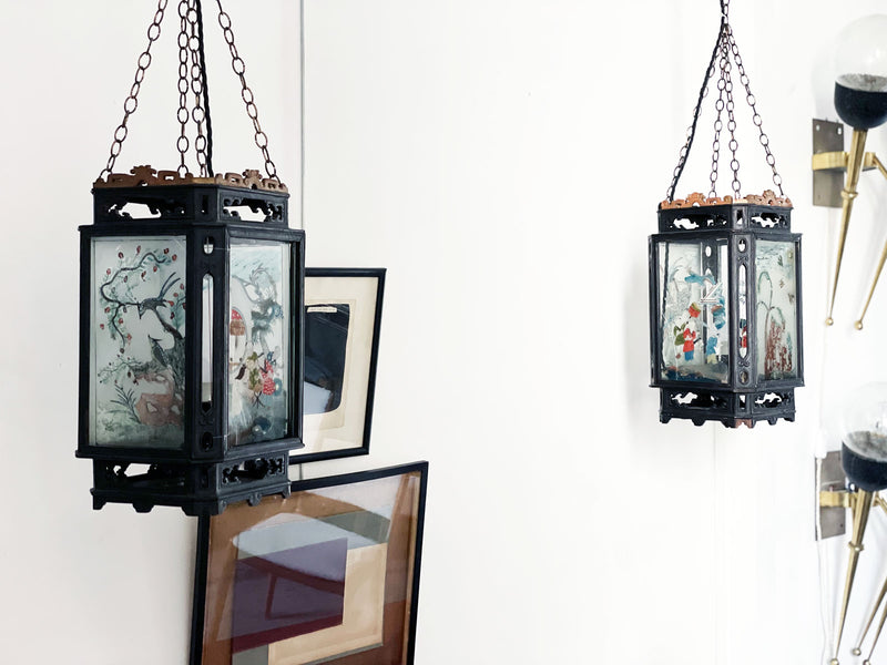 A Pair of Early 20th C Chinese Painted Glass Lanterns