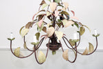 A French 1970's Painted Green & Pink Metal Leaf Chandelier with 8 Arms